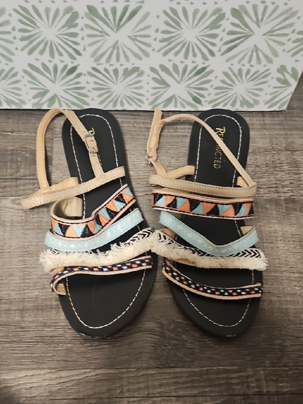 Beaded Fringe Strappy Sandals in Beige and Blue